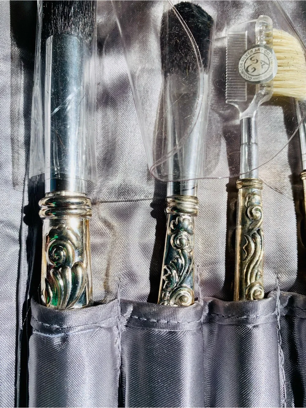 Ornate silver-Handled Makeup Brush Set in Light Gray Pouch